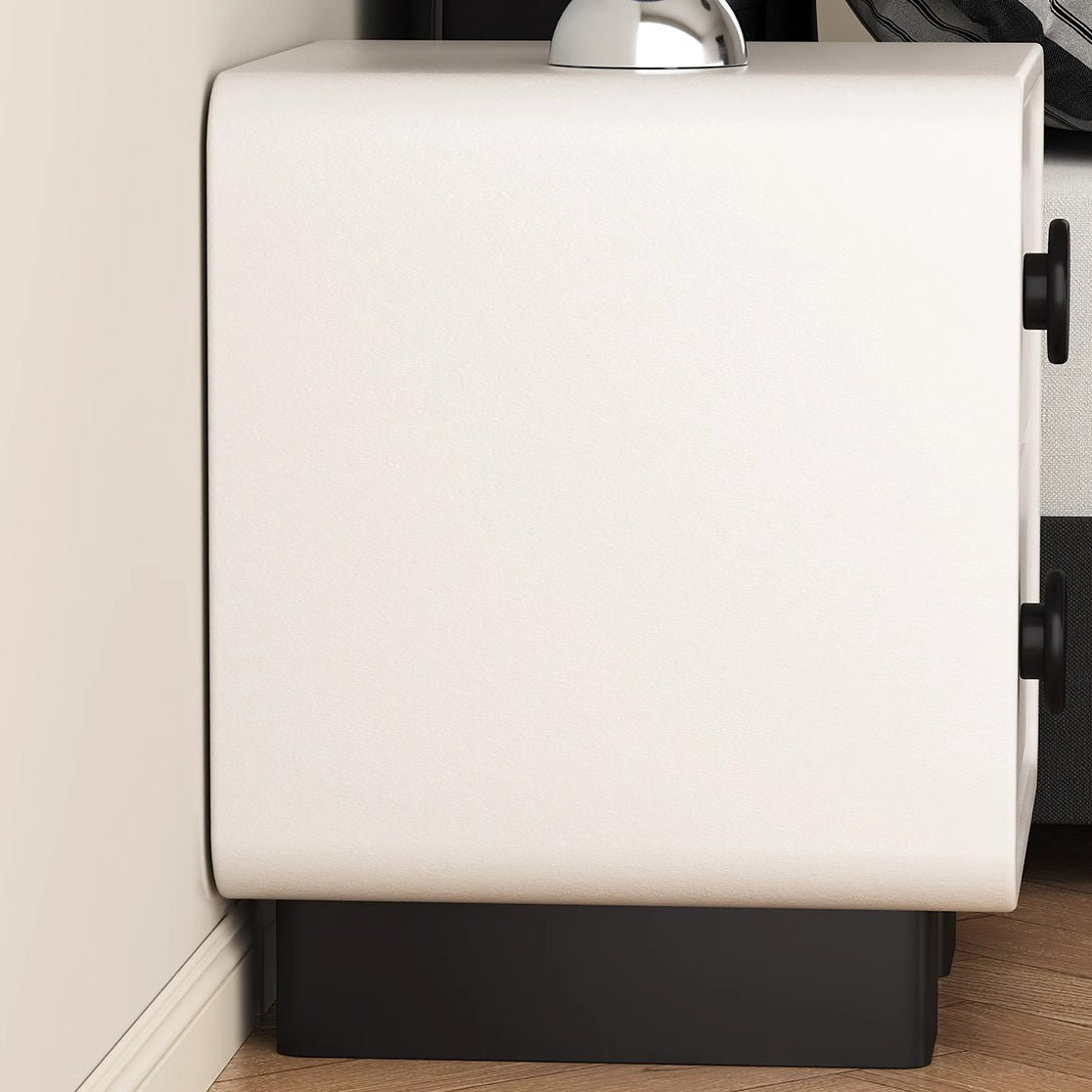 Contemporary Scandinavian Nappa Leather Solid Wood Metal Round Rectangle Nightstand 2-Drawer For Bedroom