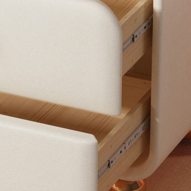 Contemporary Scandinavian Microfiber Leather Solid Wood Metal Ball Square Nightstand 2-Drawer For Bedroom