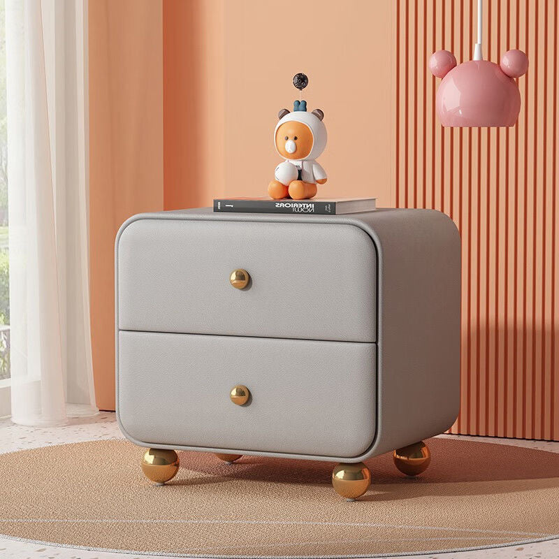 Contemporary Scandinavian Microfiber Leather Solid Wood Metal Ball Square Nightstand 2-Drawer For Bedroom