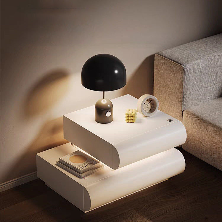 現代的でクリエイティブなマイクロファイバーレザー無垢材カーブスクエアナイトスタンド2引き出し付き寝室用