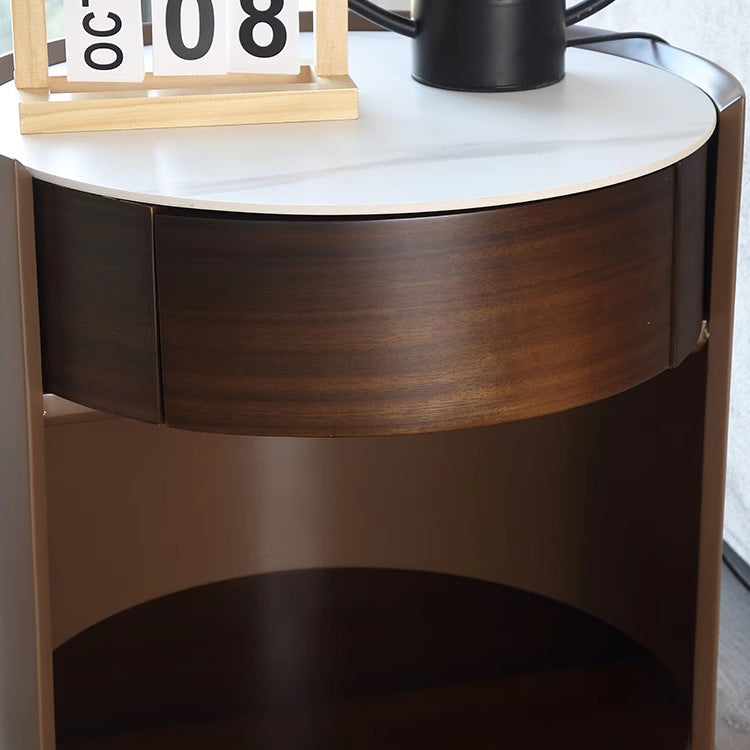 Traditional Chinese Sintered Stone Medium Density Fiberboard Round Cylinder Nightstand 2-Tier For Bedroom