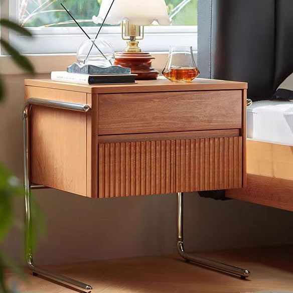 Contemporary Scandinavian Solid Wood Stainless Steel Striped Rectangular Nightstand With 2 Drawers For Bedroom