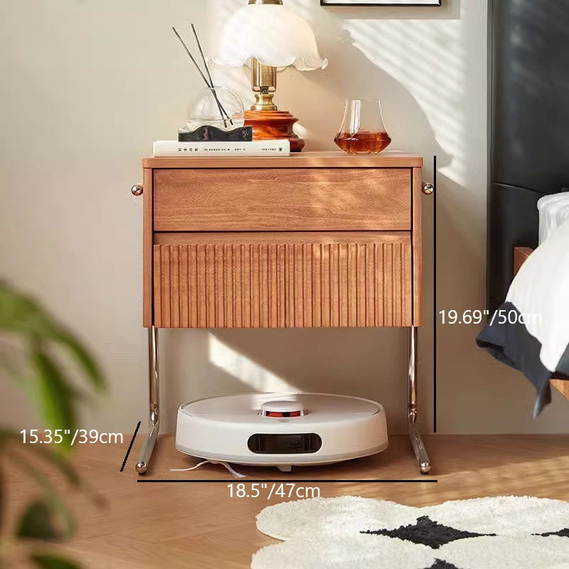 Contemporary Scandinavian Solid Wood Stainless Steel Striped Rectangular Nightstand With 2 Drawers For Bedroom