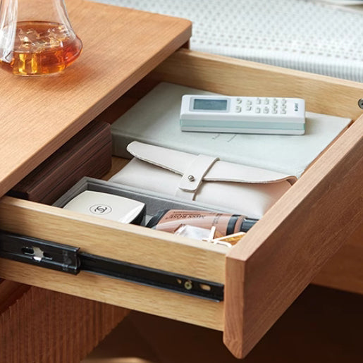 Contemporary Scandinavian Solid Wood Stainless Steel Striped Rectangular Nightstand With 2 Drawers For Bedroom