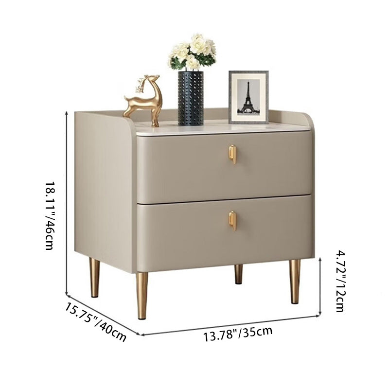 Modern Luxury Rectangular Cylinder Base Rock Slab Microfiber Leather Solid Wood Carbon Steel Nightstand 2-Drawer For Bedroom