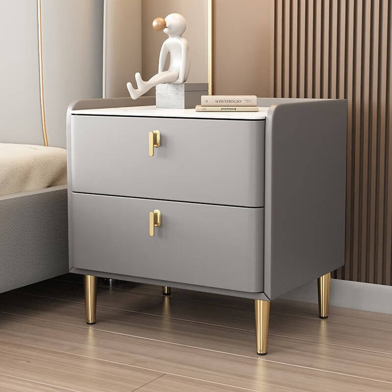 Modern Luxury Rectangular Cylinder Base Rock Slab Microfiber Leather Solid Wood Carbon Steel Nightstand 2-Drawer For Bedroom