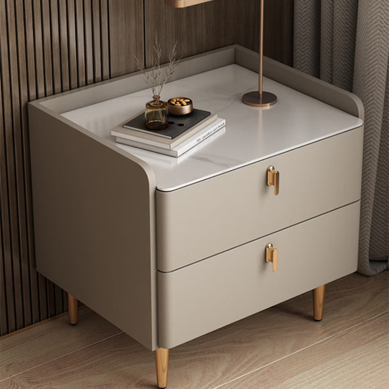 Modern Luxury Rectangular Cylinder Base Rock Slab Microfiber Leather Solid Wood Carbon Steel Nightstand 2-Drawer For Bedroom