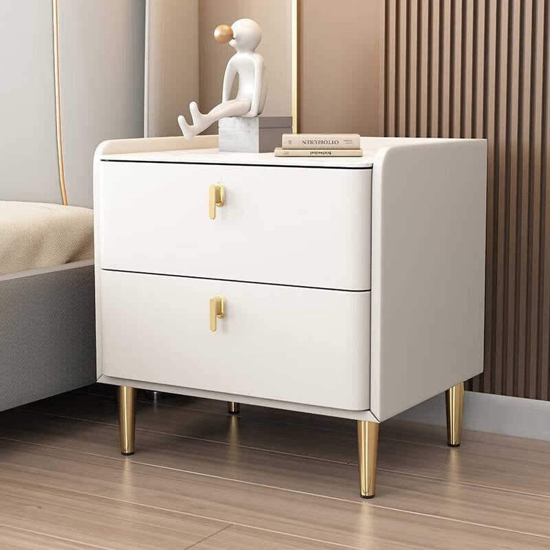 Modern Luxury Rectangular Cylinder Base Rock Slab Microfiber Leather Solid Wood Carbon Steel Nightstand 2-Drawer For Bedroom