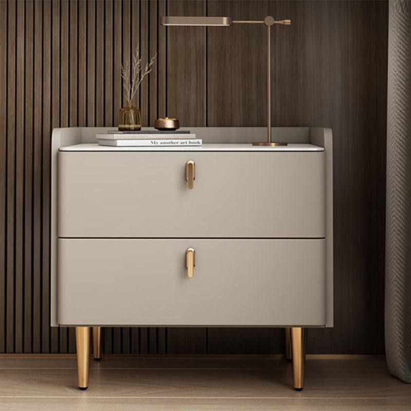 Modern Luxury Rectangular Cylinder Base Rock Slab Microfiber Leather Solid Wood Carbon Steel Nightstand 2-Drawer For Bedroom