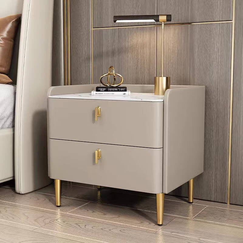 Modern Luxury Rectangular Cylinder Base Rock Slab Microfiber Leather Solid Wood Carbon Steel Nightstand 2-Drawer For Bedroom