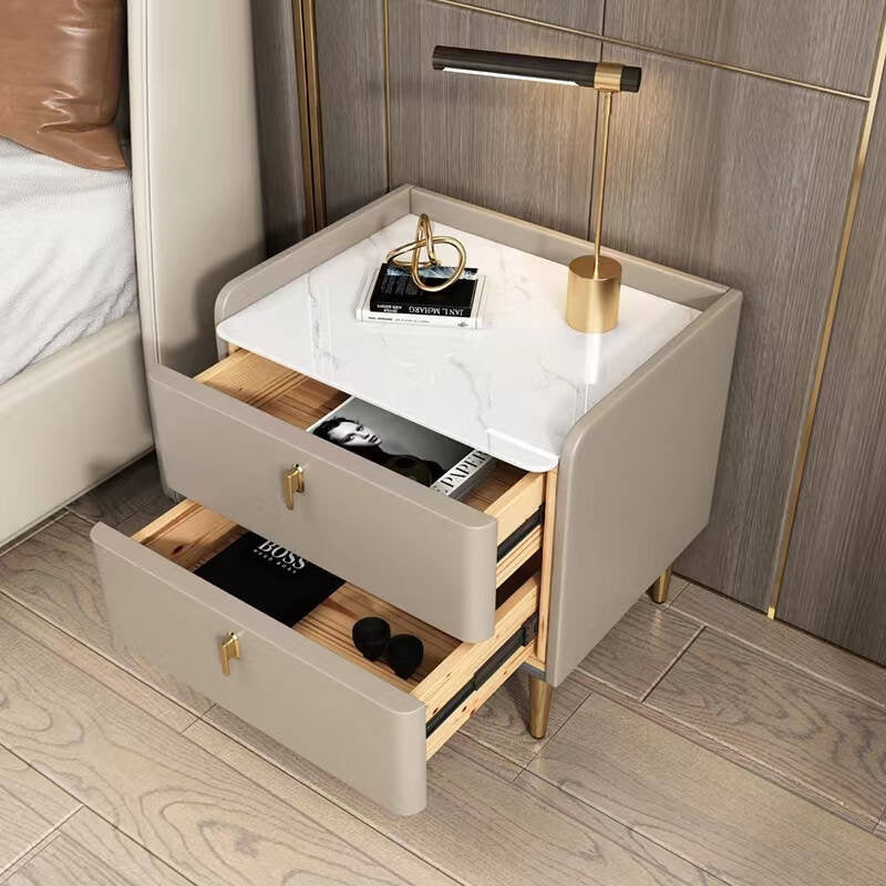 Modern Luxury Rectangular Cylinder Base Rock Slab Microfiber Leather Solid Wood Carbon Steel Nightstand 2-Drawer For Bedroom