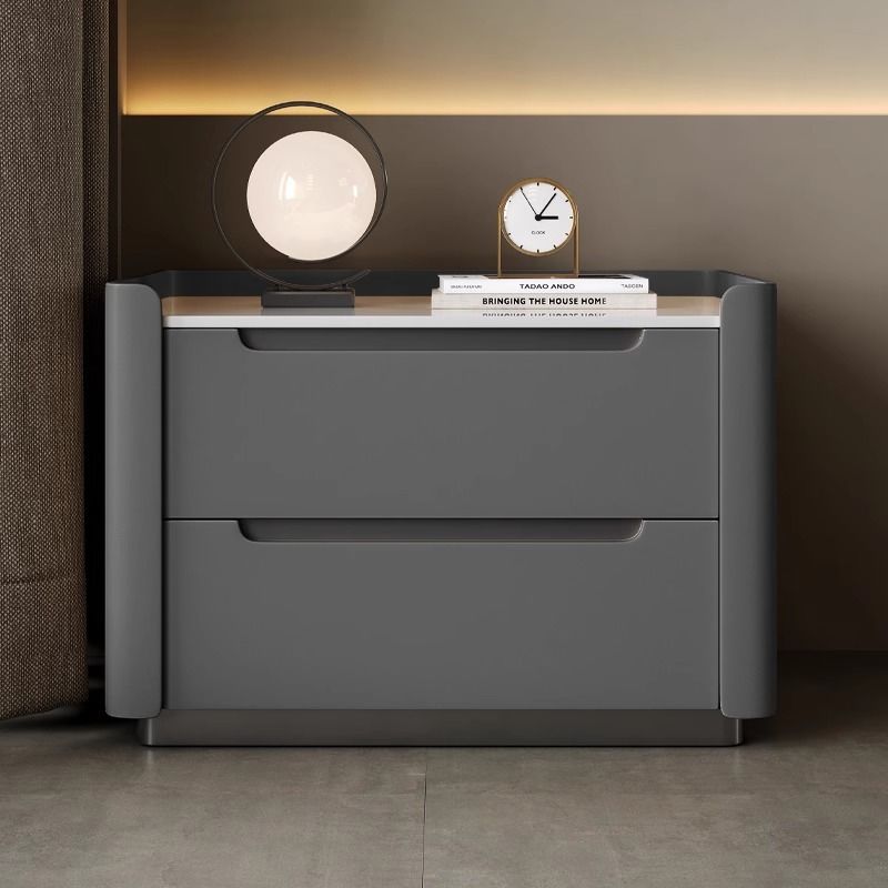 Modern Minimalist Rectangular Wood Rock Slab Nightstand 2-Drawer For Bedroom