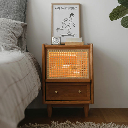 Contemporary Scandinavian Square Rectangular Rattan Solid Wood Nightstand 2-Drawer For Bedroom