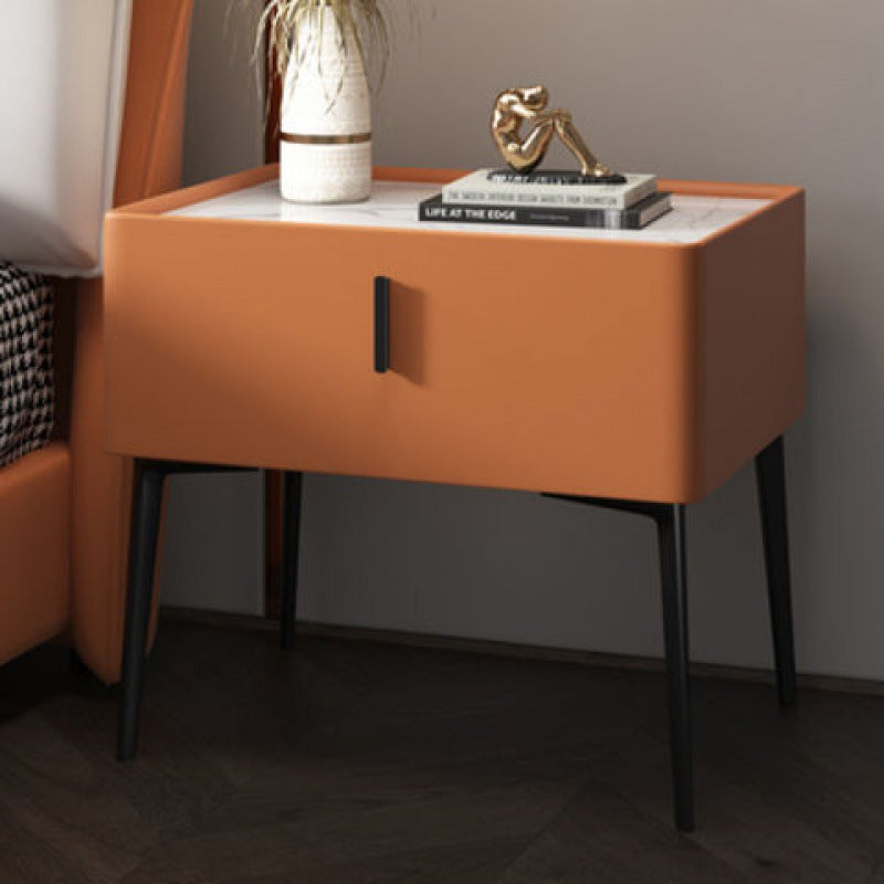 Modern Luxury Rectangular Marble Faux Leather Iron Solid Wood Nightstand 1-Drawer For Bedroom
