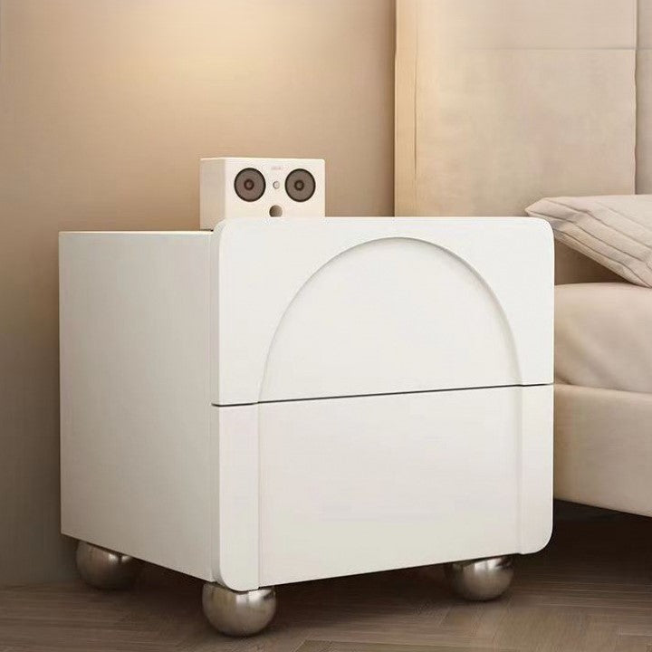Modern Minimalist Square Half Round Microfiber Leather Solid Wood Stainless Steel Nightstand 2-Drawer For Bedroom
