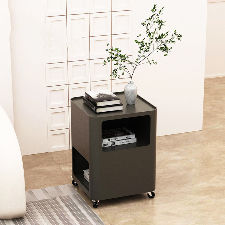 Contemporary Nordic Square Iron Tray Top Nightstand 2-Cabinet Casters For Bedroom
