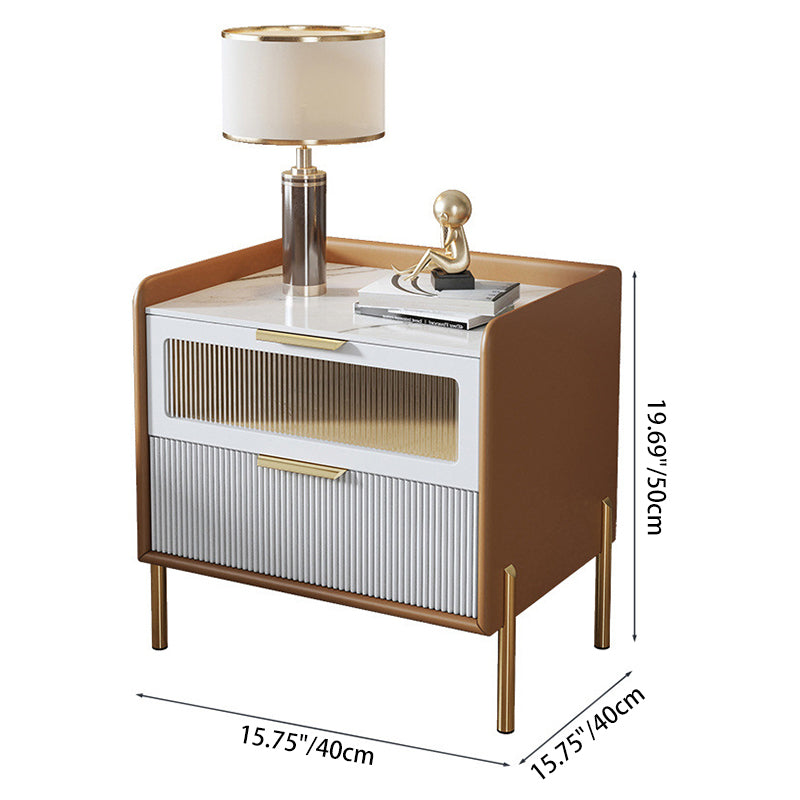 Contemporary Nordic Square Sintered Stone Top Solid Wood Frame Microfiber Leather Nightstand 2-Drawer For Bedroom