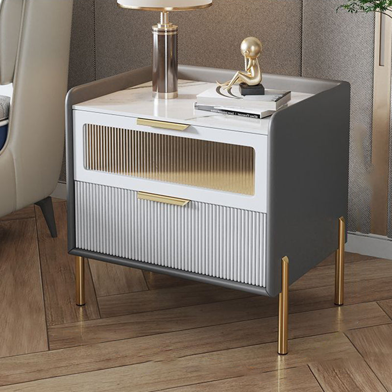 Contemporary Nordic Square Sintered Stone Top Solid Wood Frame Microfiber Leather Nightstand 2-Drawer For Bedroom