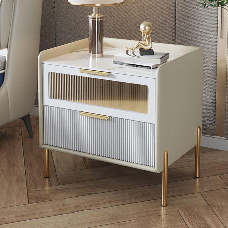 Contemporary Nordic Square Sintered Stone Top Solid Wood Frame Microfiber Leather Nightstand 2-Drawer For Bedroom
