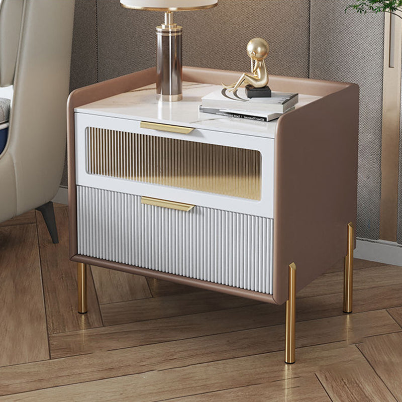 Contemporary Nordic Square Sintered Stone Top Solid Wood Frame Microfiber Leather Nightstand 2-Drawer For Bedroom