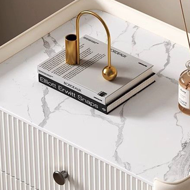 Contemporary Nordic Square Sintered Stone Top Solid Wood Leather Nightstand 3-Drawer For Bedroom