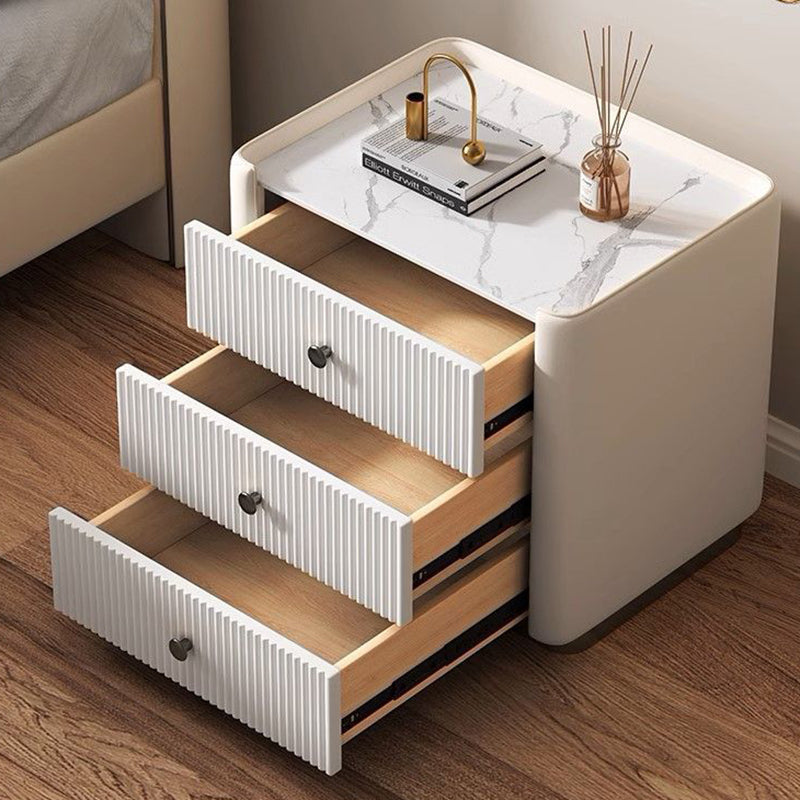 Contemporary Nordic Square Sintered Stone Top Solid Wood Leather Nightstand 3-Drawer For Bedroom