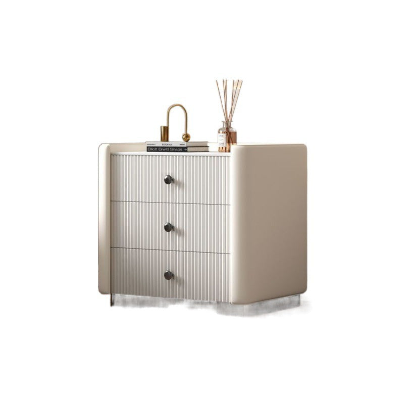 Contemporary Nordic Square Sintered Stone Top Solid Wood Leather Nightstand 3-Drawer For Bedroom