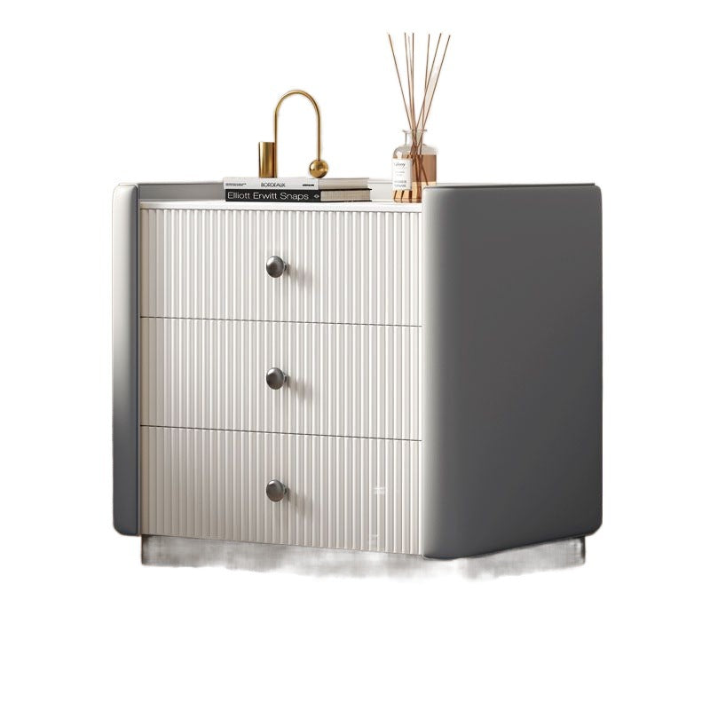 Contemporary Nordic Square Sintered Stone Top Solid Wood Leather Nightstand 3-Drawer For Bedroom