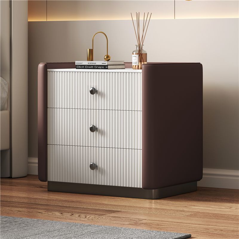 Contemporary Nordic Square Sintered Stone Top Solid Wood Leather Nightstand 3-Drawer For Bedroom