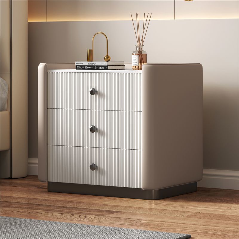 Contemporary Nordic Square Sintered Stone Top Solid Wood Leather Nightstand 3-Drawer For Bedroom