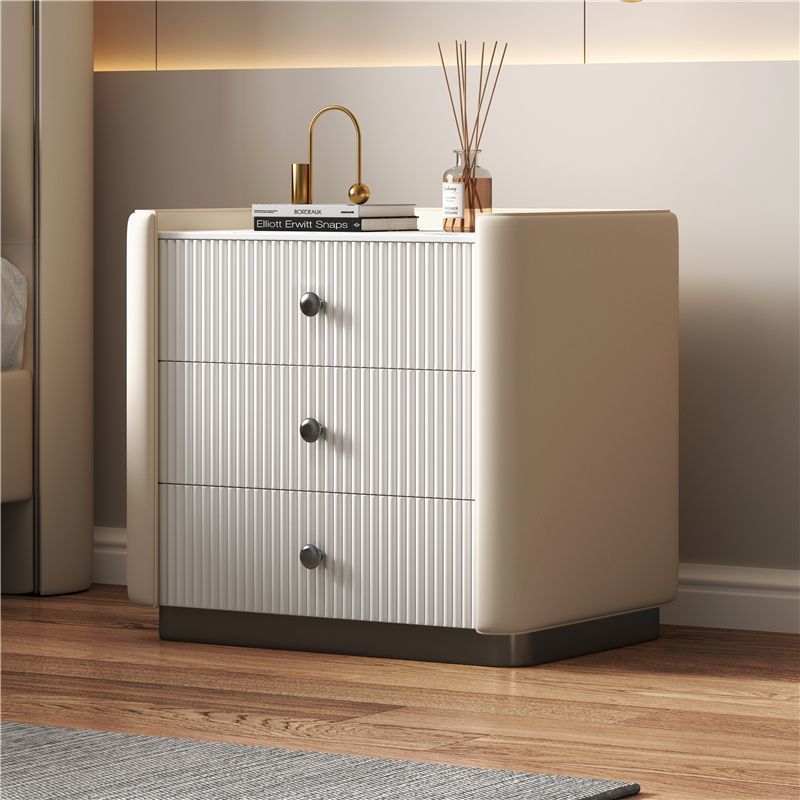 Contemporary Nordic Square Sintered Stone Top Solid Wood Leather Nightstand 3-Drawer For Bedroom