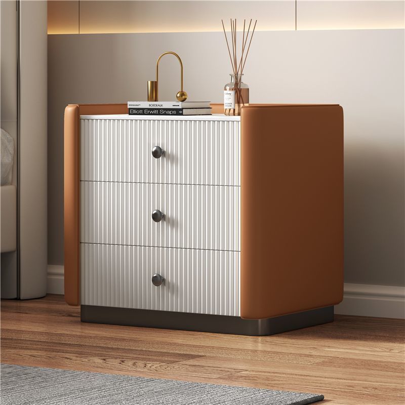 Contemporary Nordic Square Sintered Stone Top Solid Wood Leather Nightstand 3-Drawer For Bedroom