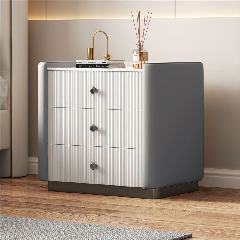 Contemporary Nordic Square Sintered Stone Top Solid Wood Leather Nightstand 3-Drawer For Bedroom