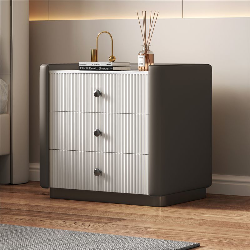 Contemporary Nordic Square Sintered Stone Top Solid Wood Leather Nightstand 3-Drawer For Bedroom