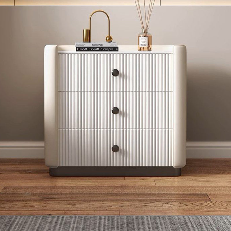 Contemporary Nordic Square Sintered Stone Top Solid Wood Leather Nightstand 3-Drawer For Bedroom