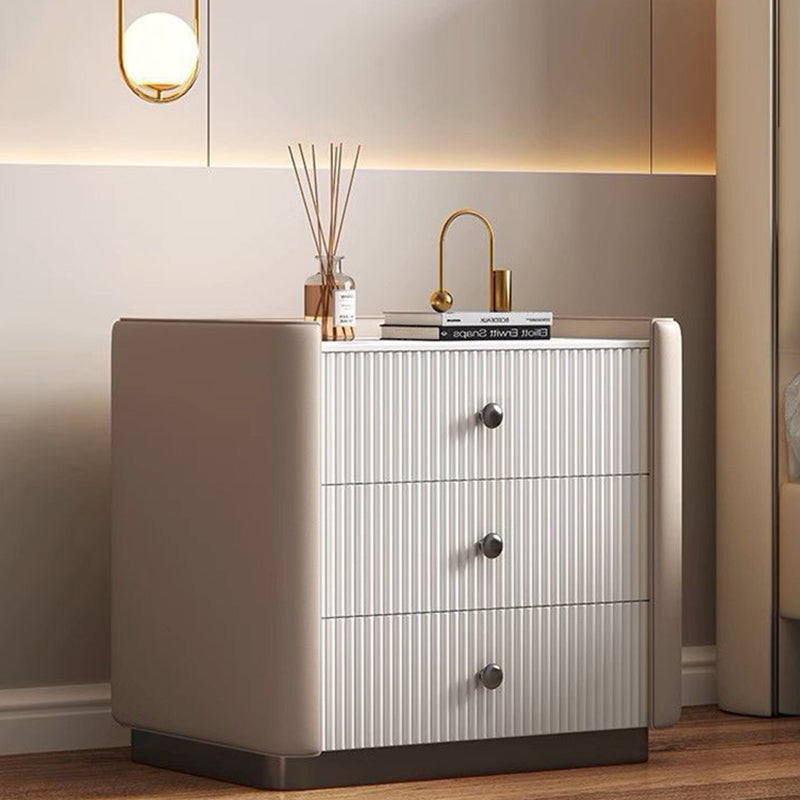 Contemporary Nordic Square Sintered Stone Top Solid Wood Leather Nightstand 3-Drawer For Bedroom