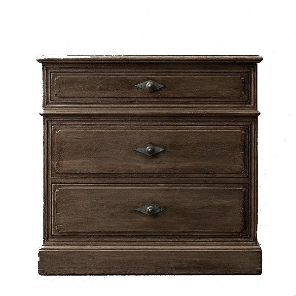 Traditional Rustic Full Solid Wood Square Nightstand 3-Drawer For Bedroom