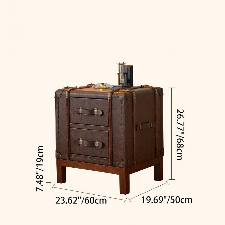 Contemporary Retro Leather Solid Wood Square Nightstand 2-Drawer For Bedroom