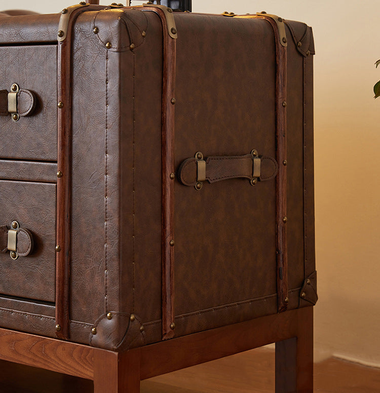 Contemporary Retro Leather Solid Wood Square Nightstand 2-Drawer For Bedroom