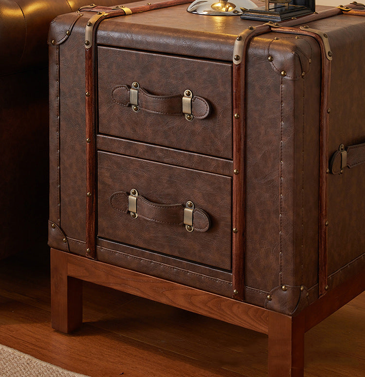 Contemporary Retro Leather Solid Wood Square Nightstand 2-Drawer For Bedroom