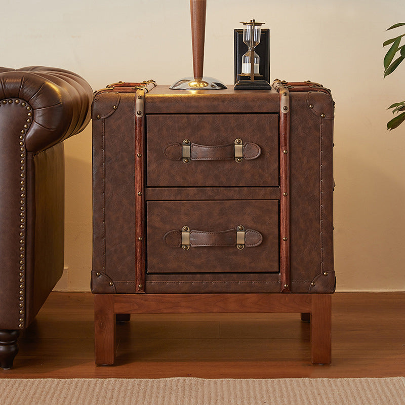 Contemporary Retro Leather Solid Wood Square Nightstand 2-Drawer For Bedroom