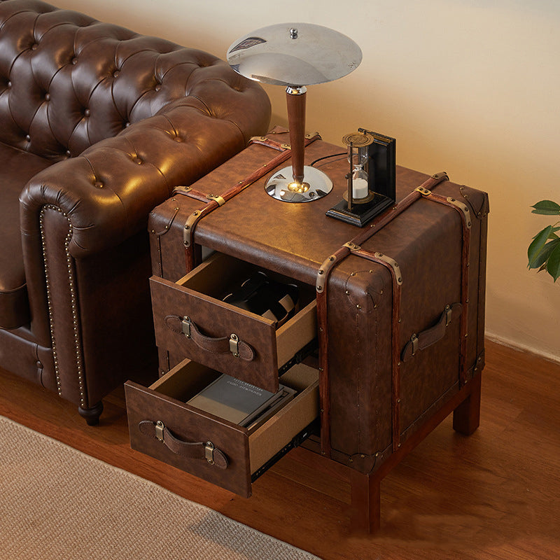 Contemporary Retro Leather Solid Wood Square Nightstand 2-Drawer For Bedroom