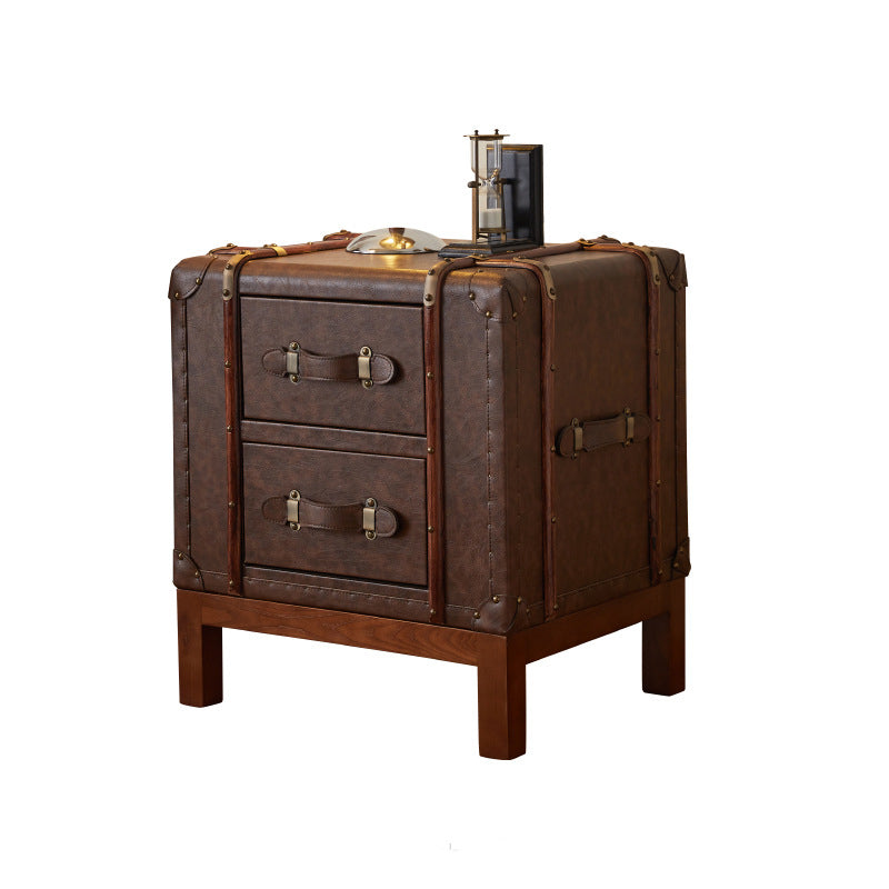 Contemporary Retro Leather Solid Wood Square Nightstand 2-Drawer For Bedroom