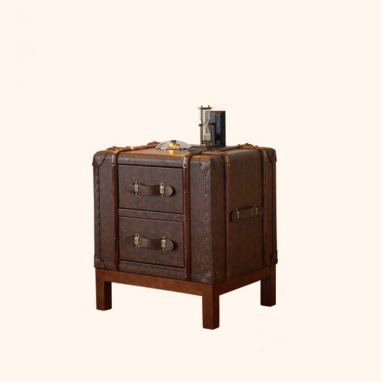 Contemporary Retro Leather Solid Wood Square Nightstand 2-Drawer For Bedroom