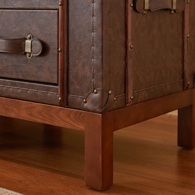Contemporary Retro Leather Solid Wood Square Nightstand 2-Drawer For Bedroom