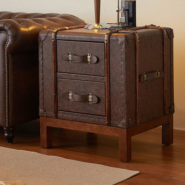 Contemporary Retro Leather Solid Wood Square Nightstand 2-Drawer For Bedroom