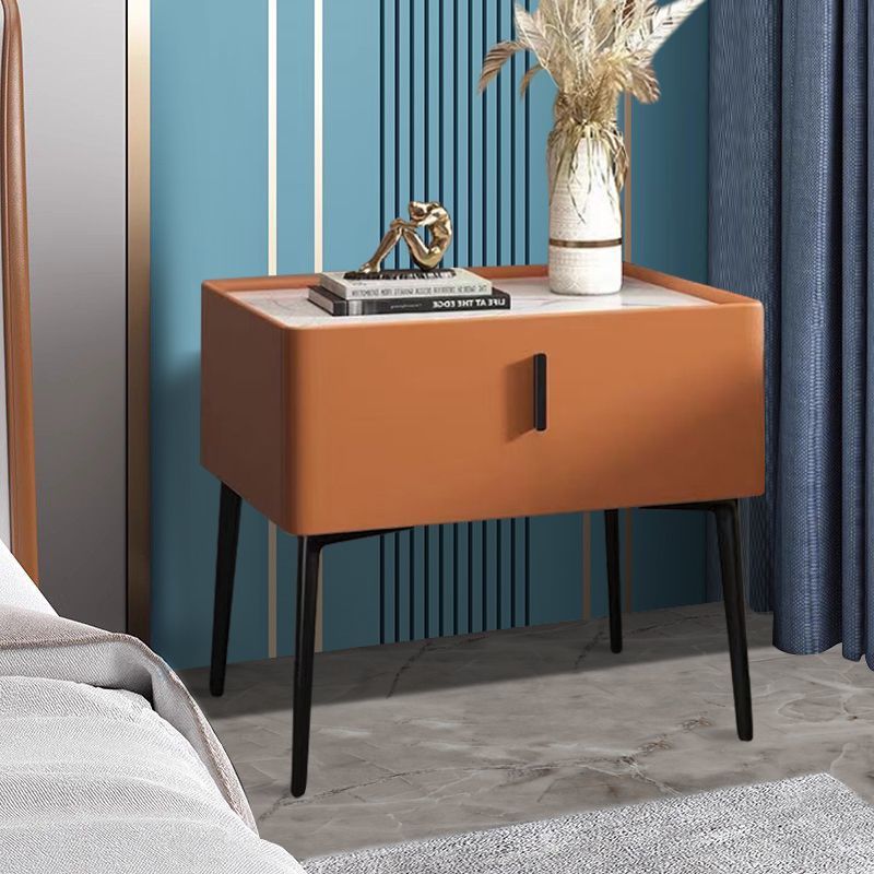 Contemporary Scandinavian Rectangular Sintered Stone Top Faux Leather Veneered Nightstand Drawer For Bedroom