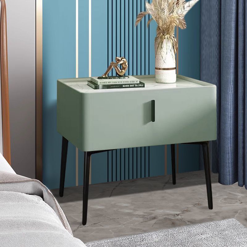 Contemporary Scandinavian Rectangular Sintered Stone Top Faux Leather Veneered Nightstand Drawer For Bedroom