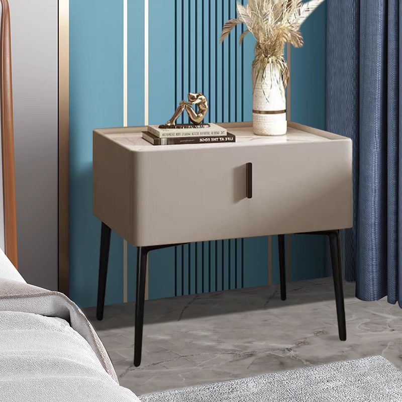 Contemporary Scandinavian Rectangular Sintered Stone Top Faux Leather Veneered Nightstand Drawer For Bedroom