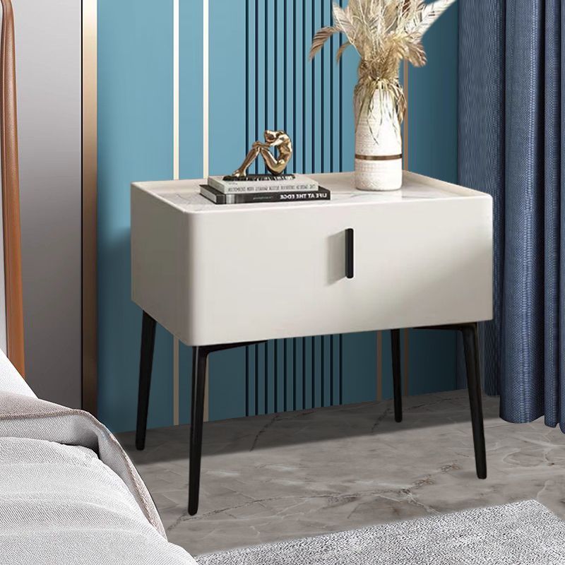 Contemporary Scandinavian Rectangular Sintered Stone Top Faux Leather Veneered Nightstand Drawer For Bedroom